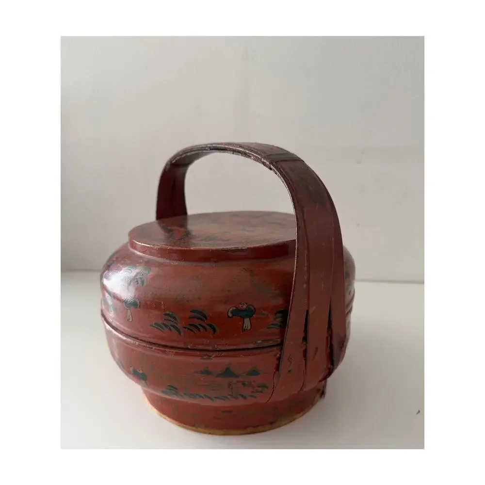 Vintage Traditional Chinese Asian Wedding Wooden Handled Basket Signed